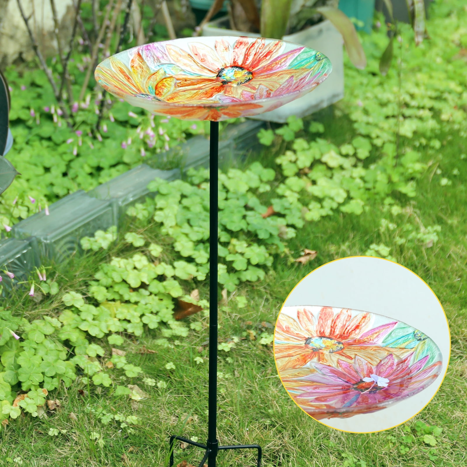 MUMTOP Glass Bird Baths for Outdoors, 11 inch Birdbath Bowl with Metal Stake, Butterfly and Flower Bird Feeders for Garden and Patio Decor