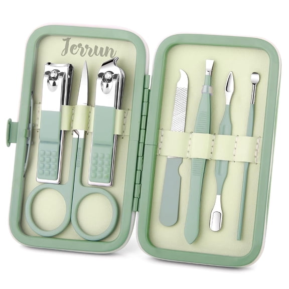 Manicure Set Nail Clippers and Beauty Tool Portable Set 7 in 1 with Leather Travel Case, At-Home Mini Manciure Kit and Nail Pedicure Tools Grooming Kit Gift for Men Women Family Friends Wife(Green)