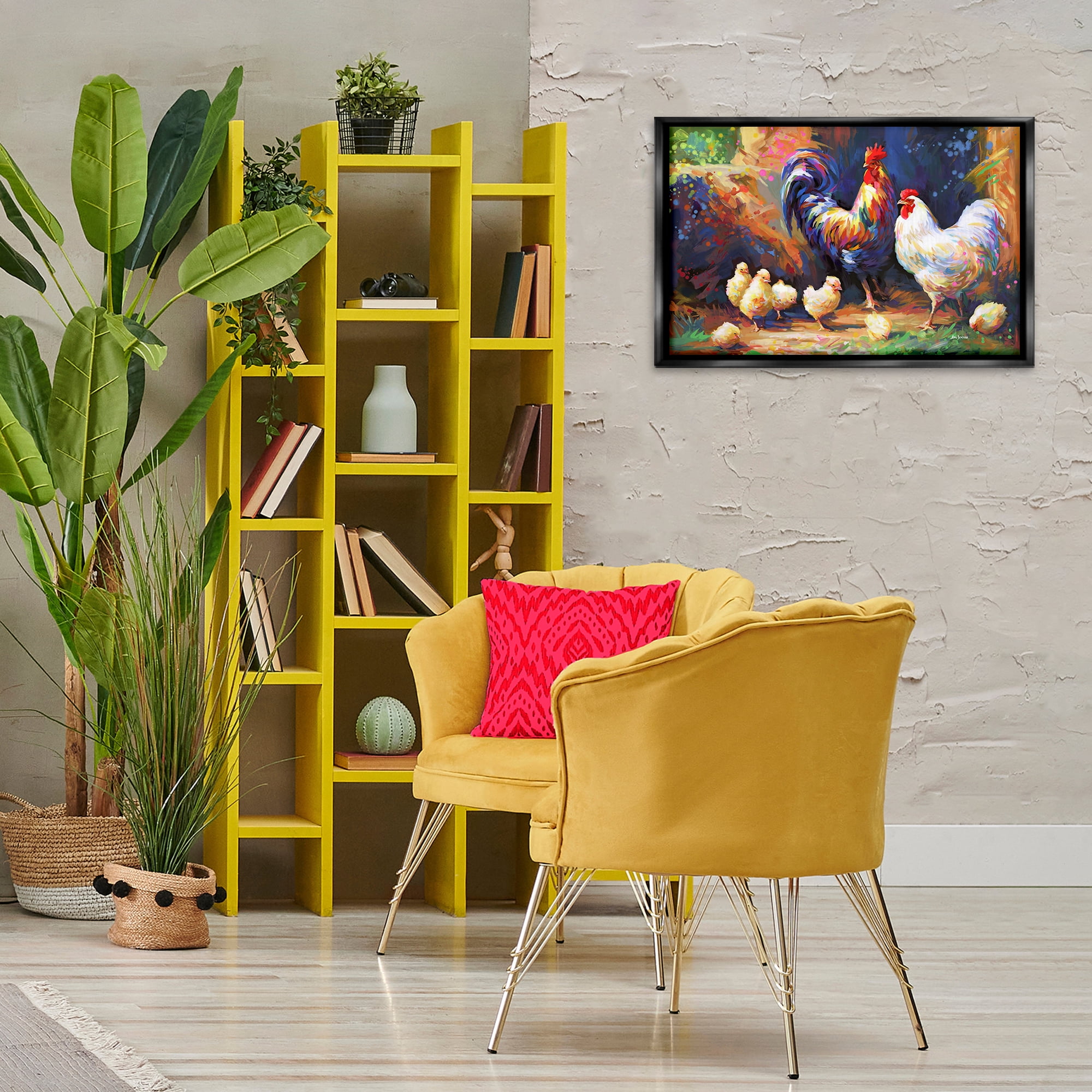 Stupell Industries Chicken Family Paint Splatter Animals & Insects Painting Black Floater Framed Canvas Art Print Wall Art, 25 x 17