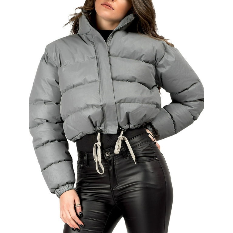 Sunisery Women Winter Crop Short Down Jacket Patch Cropped Puffer Sleeve  Quilted Puffer Jackets Outwear Lightweight Coat