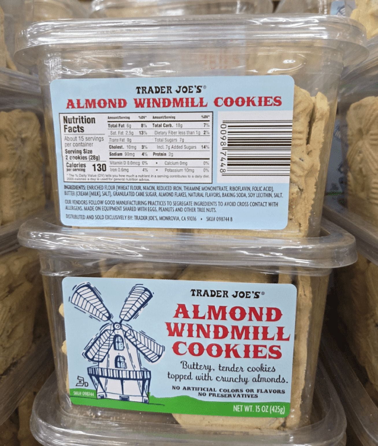 Trader Joe's Almond Windmill Cookies 15oz 425g (2 Tubs)