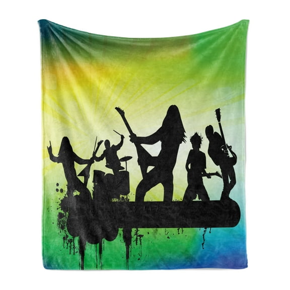 Rock and Roll Soft Flannel Fleece Throw Blanket, Energetic Rock Band Silhouette on Colorful Background Music Theme Print, Cozy Plush for Indoor and Outdoor Use, 70" x 90", Multicolor, by Ambesonne