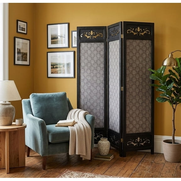 3 Panel Room Divider Solid Wood and Canvas with Decorative Cutouts Tree Design 67" Tall Black