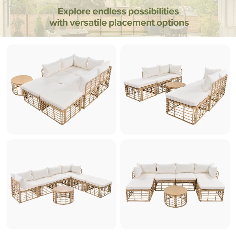 7-Piece Outdoor Sectional Sofa with Coffee Table and 2 Ottomans, Patio Furniture Set with Thick Cushions and Pillows, Outdoor Conversation Set for Garden Backyard