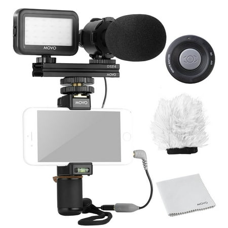 Movo Smartphone Video Kit V7 with Grip Rig, Pro Stereo Microphone, LED Light & Wireless Remote - for iPhone 5, 5C, 5S, 6, 6S, 7, 8, X (Regular and Plus), Samsung Galaxy, Note & (Best Microphone Iphone 7)