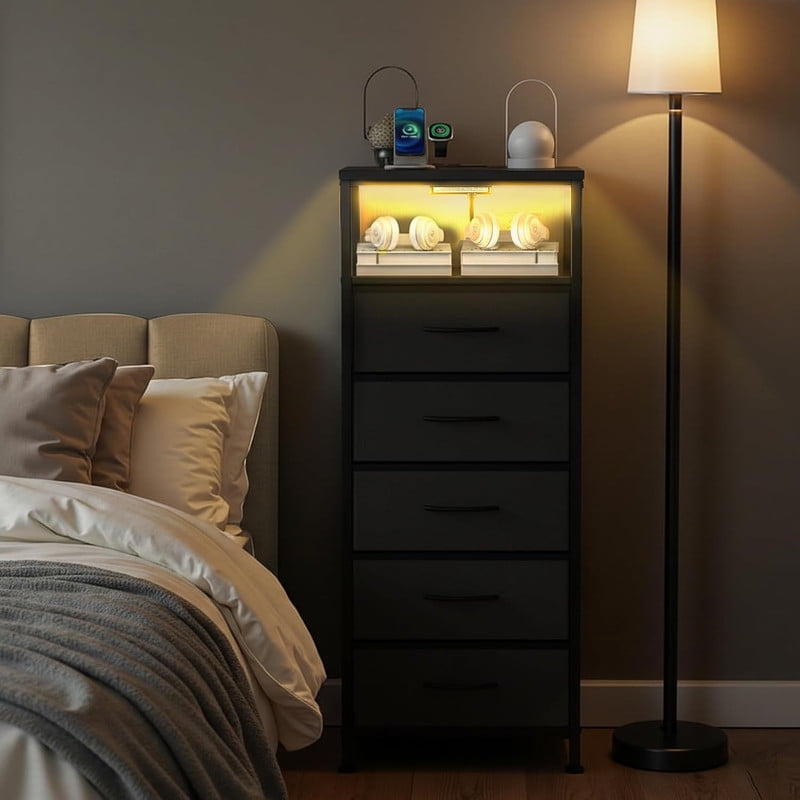 Simenmax Nightstand with Charging Station & LED Lights, 5 Drawer Bedside Table with Variable Light Strip, Modern Industrial Bedroom Furniture, Black