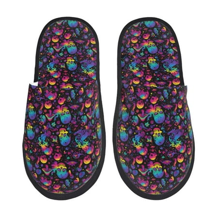 Balery mushroom colorful Skull Slient Indoor Furry Fleece Comfort House Shoes Soft Non-Slip Home Shoes Cotton slippers House Slippers-- Medium