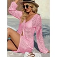 thumbnail image 4 of Womens Crochet 2 Piece Cover Up V Neck Bell Sleeve Button Cardigan Sheer Mesh Beach Mini Skirt Coverup Set, 4 of 5