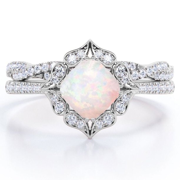 JeenMata Anillo Nupcial con Pavé Infinito de Moissanita y Ópalo Australiano de Talla Cojín de 1,5 Quilates Engastado en Oro Blanco de 18 K sobre Plata