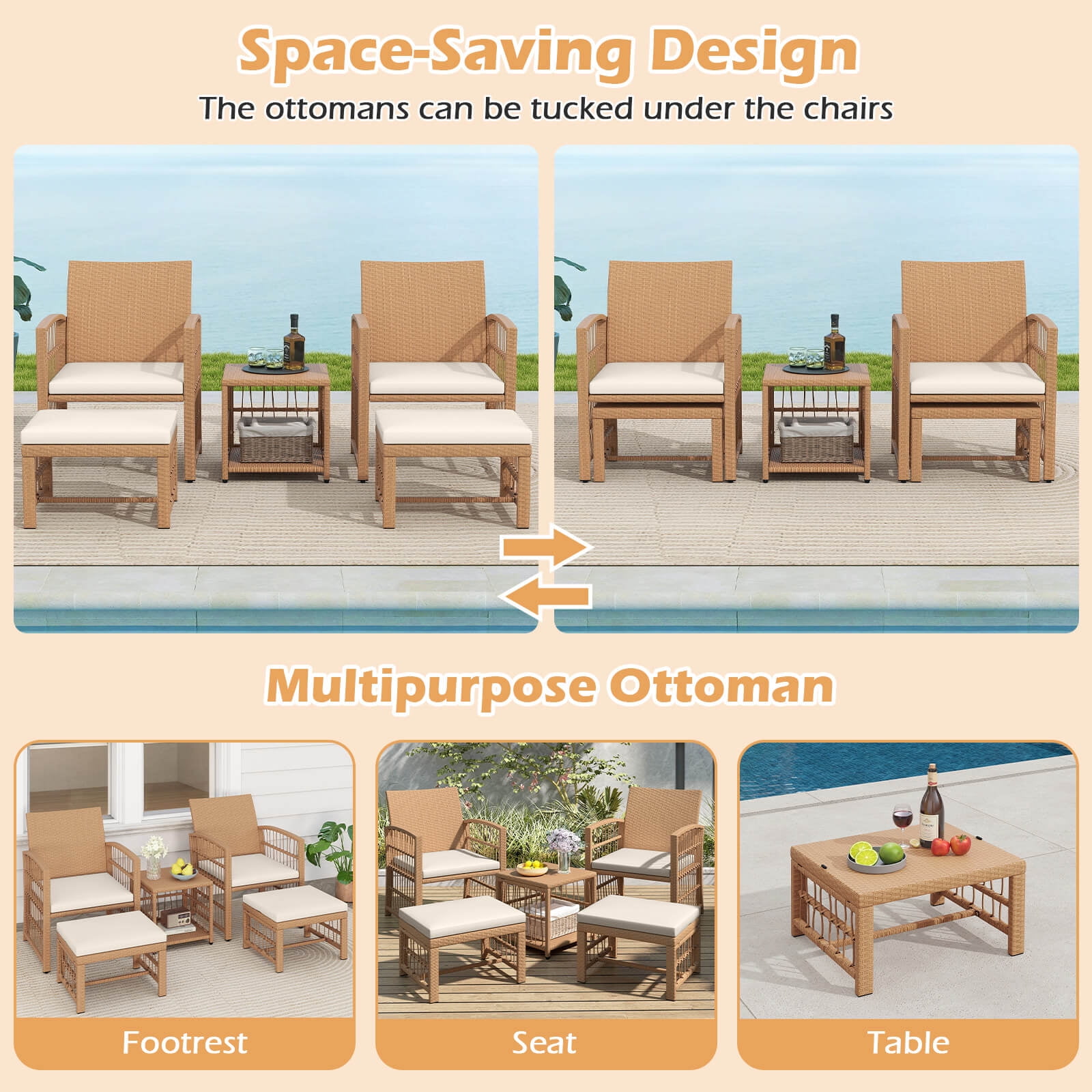 Costway 5 Pieces Patio Conversation Set PE Rattan Balcony Furniture Set with Cushions