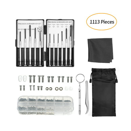 1113 Pieces Eyeglasses Repair Kit Included 1100Pcs Small Screws and Nose Pads Set 11Pcs Screwdrivers Tweezers Glasses Cloth for Sunglasses and Watch Repair