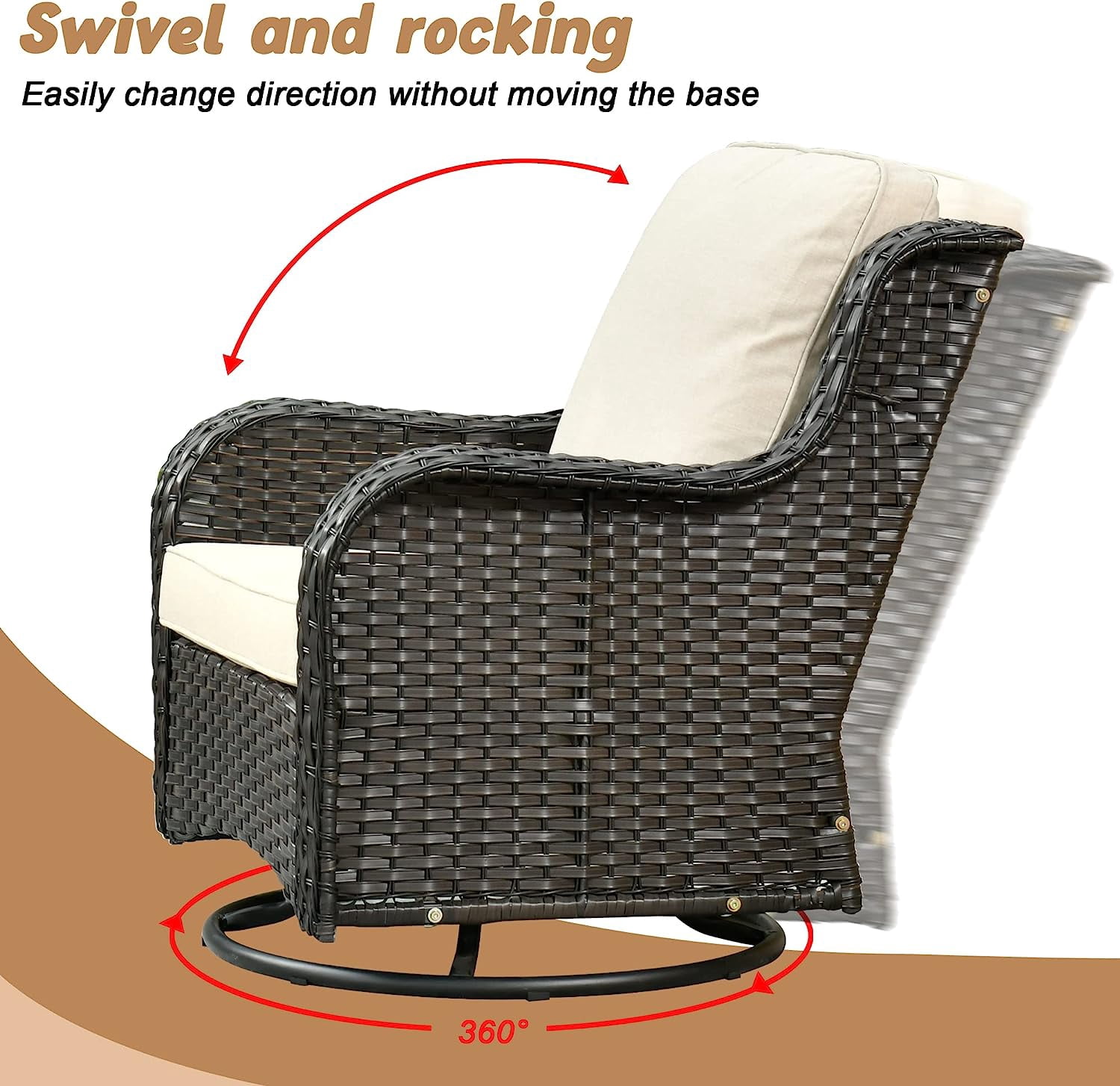 XIZZI Outdoor Patio Wicker Swivel Rocker Set,3-Piece Rocking Chair Bistro Set with Beige Cushions and Coffee Table,Brown Wicker