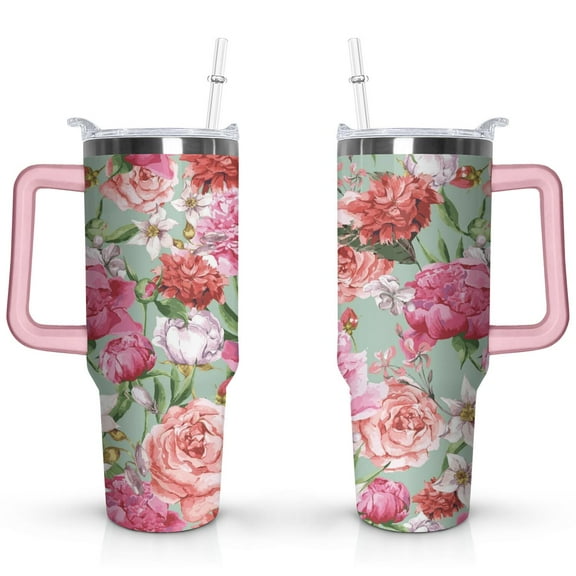 40oz Pioneer Tumbler with Handle Lid and Straw,Colorful Floral Tumblers Gifts for Women Girls Men Adults（Pink）