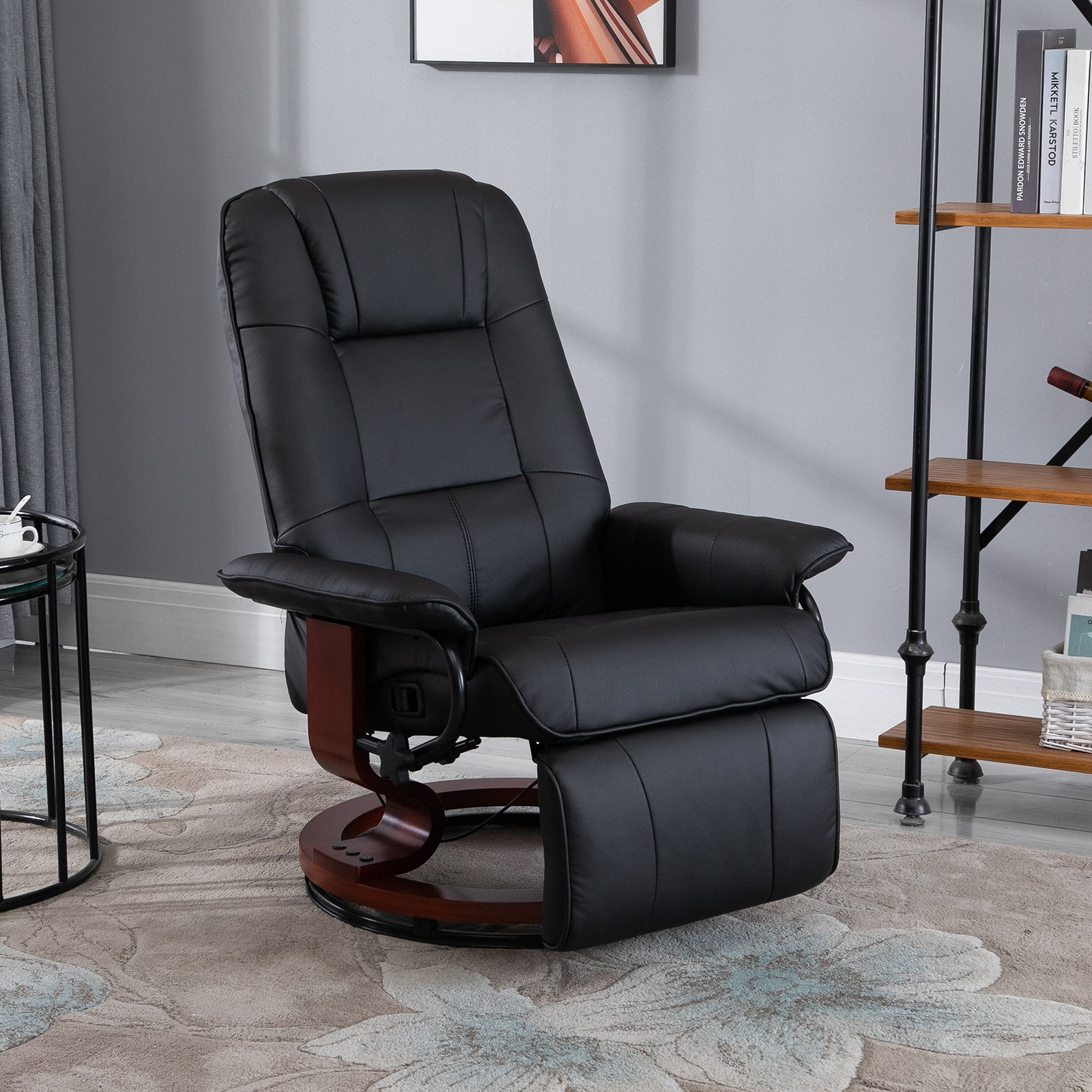 Adjustable Padded Recliner Sofa Leather Relaxing Armchair Living Room W Retractable Footrest 360 Swivel Wood Base Black Walmart Canada