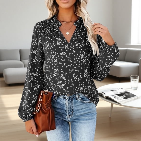 Womens Long Sleeve Shirts Dot Print Summer 2026 Tops Dressy Casual V-Neck Blouses