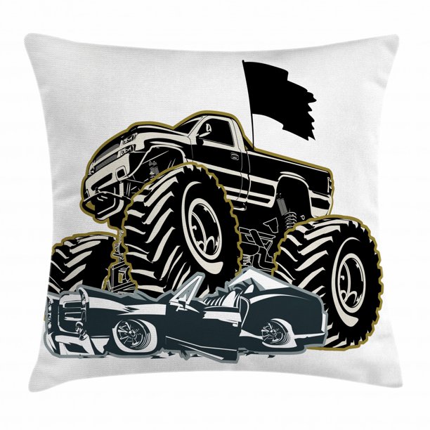 Monster Truck Throw Pillow Cushion Cover, Rubber Tyre Car Flattening a