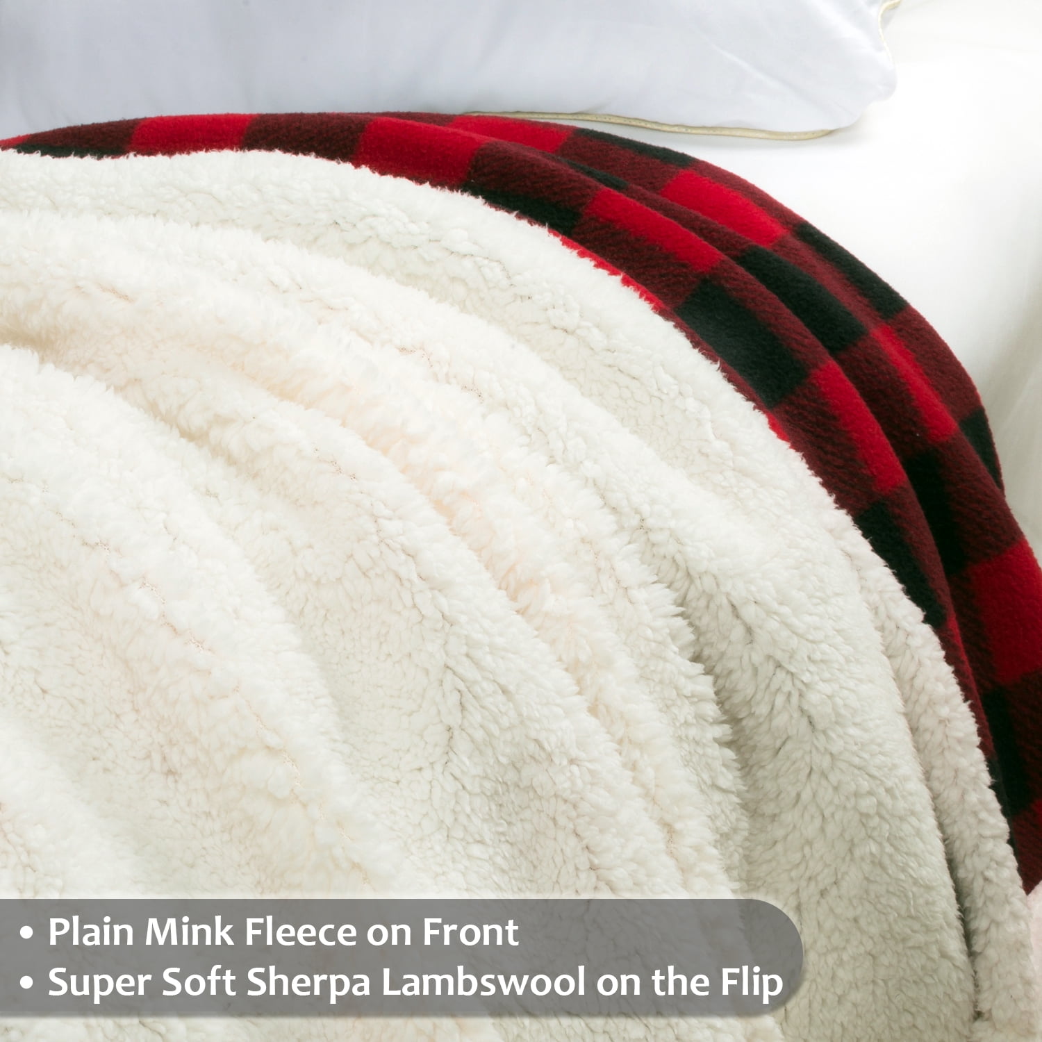 Catalonia Buffalo Plaid Sherpa Throw Blanket, Super Soft Reversible Fleece Blanket for Cabin Bed or Couch, Red Plaid, 50"" x 60"".