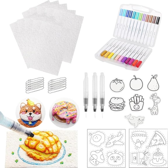 Popart Create Dimensional Art Magic, Magic Foam Texture Painting Kit, Including 10 PCS Foam Texture Paper, 12 Colors Brush Tip Acrylic Paint Markers, Magical 3D Effect Texture Painting Kit(Rectangle)