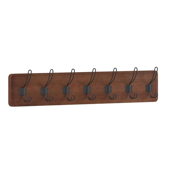HBCY Creations Portemanteau Mural en Bois Massif Brun Rustique avec Tablette, 7 Crochets, 34 Pouces de Long - Cuisine, Vestiaire, Entrée, Salle de Bain