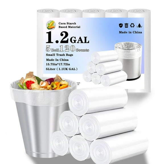 120 x 1.2 Gallon Mini Trash Bags, 5 Litre White Mini Trash Can Liners, Biodegradable garbage Bags for Bathroom, Kitchen, Home