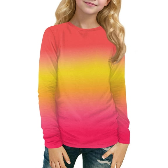 XADYUY Girls Long Sleeve Shirts 10-12 Trendy Gradient Crewneck T-Shirts for Kids Girls Fall Basic Girls Tops Cotton Girls Sweatshirts 7-8 Years,Hot Pink