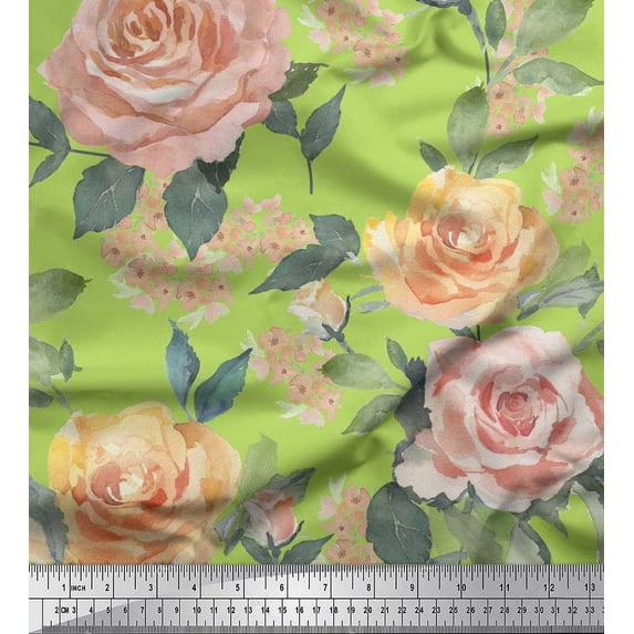 Soimoi Poly Georgette Fabric Leaves & Rose Flower Printed Fabric 1 Yard 42 Inch Wide