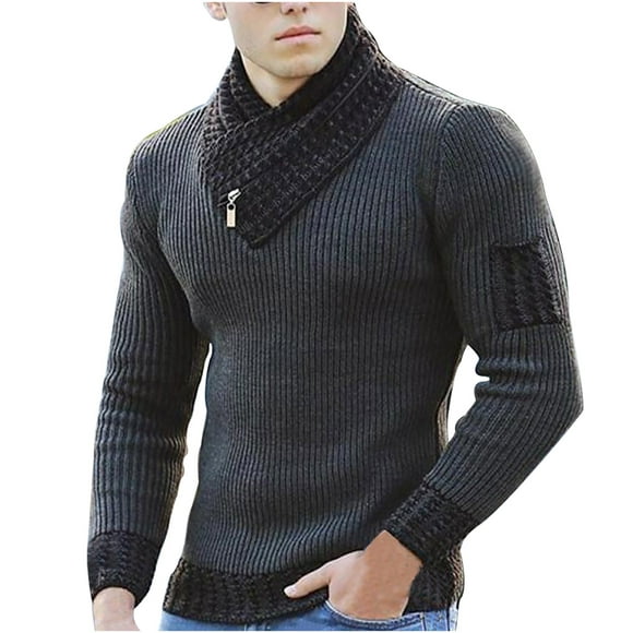 CEHVOM Scarf Neck Sweater Knitted Pullover Long Sleeve Sweater Men's Stitching Sweater