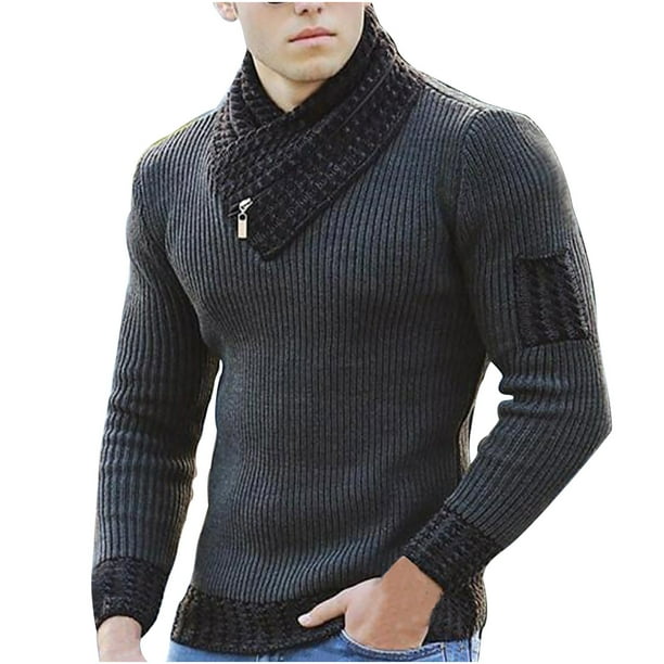 Suéter con cuello de bufanda Suéter de punto Suéter de manga larga Suéter de costura para hombres Fridja nalpqowj2521
