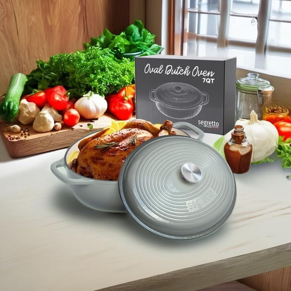 Segretto Enameled Cast Iron Dutch Oven 7-Quart Oval Pot with Lid for Bread Baking and Stews