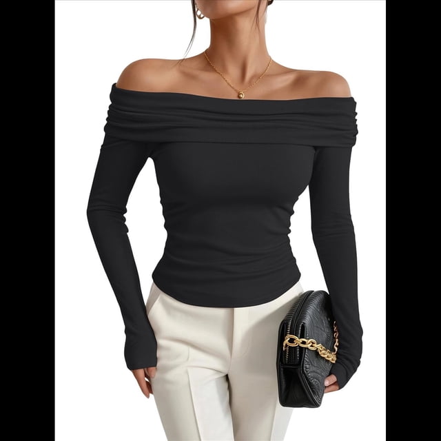 Blusas Elegantes Informales con Hombros Descubiertos para Mujer, de Corte Entallado, de Larga, para Salir en y Otoño. Negro L
