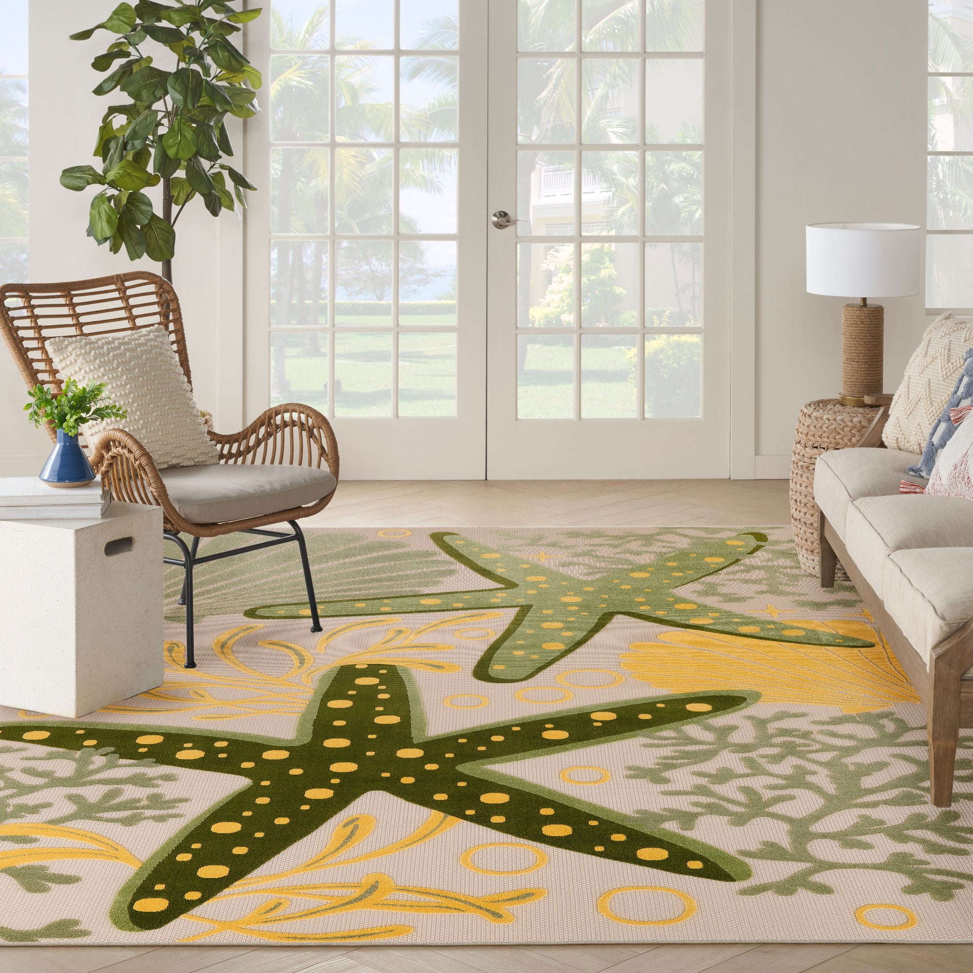 Nourison Aloha Ocean Starfish Indoor/outdoor Area Rug Green Yellow 9' x 12'