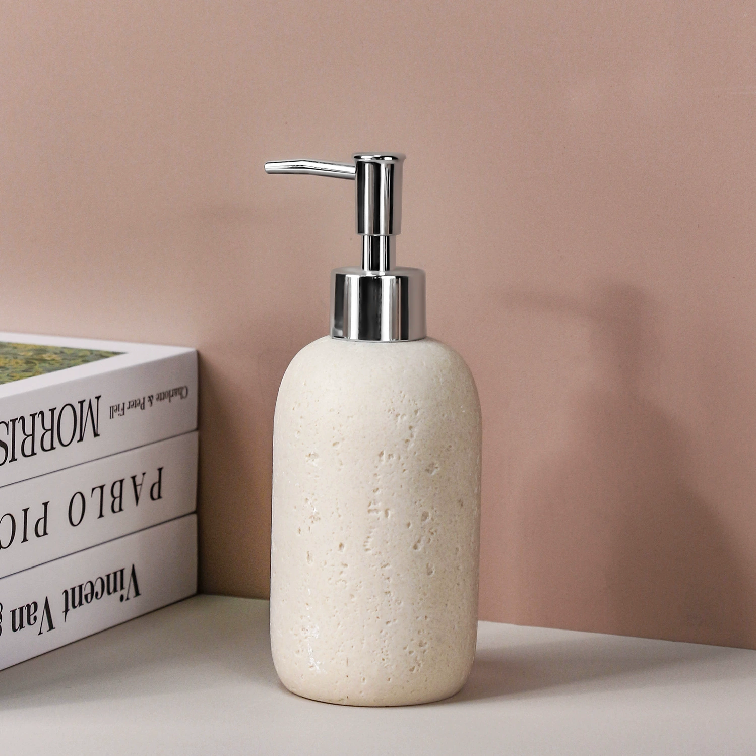 Hand Soap Dispenser with Stainless Steel Pump, for Bathroom and Kitchen, Luxury Farmhouse, Boho & Zen Style, Sandstone Finish, Rust Proof, Beige yellow