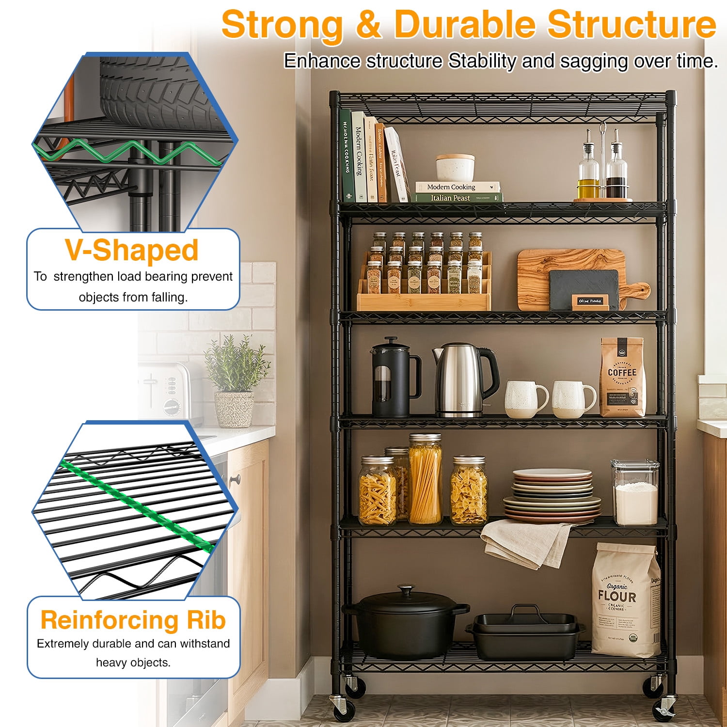 BestOffice 6 Tier Wire Shelving Unit with Wheels 2100LBS Capacity-18x45x82, Black