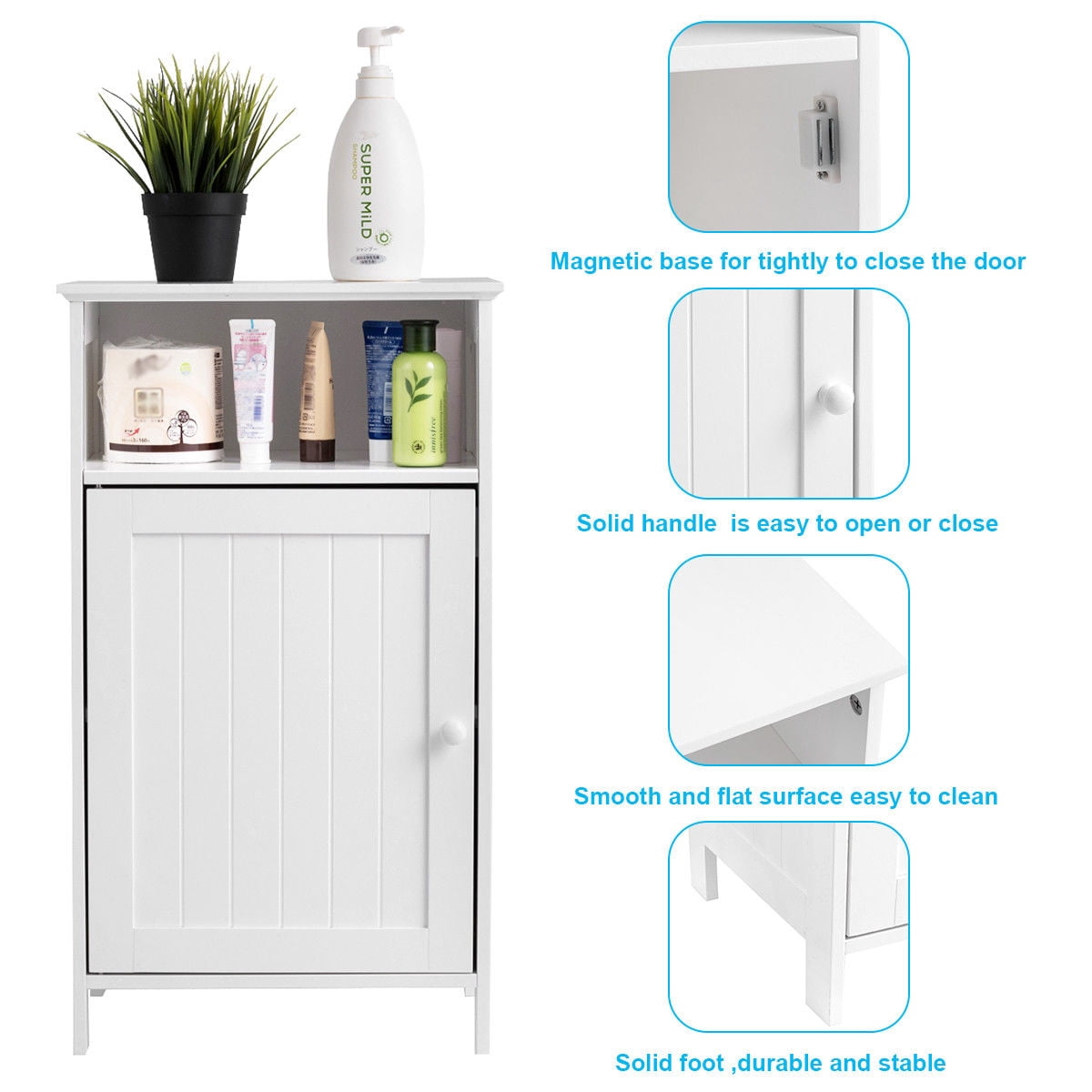 Gymax Bathroom Floor Storage Cabinet Side Table Freestanding Adjustable Shelf Organize