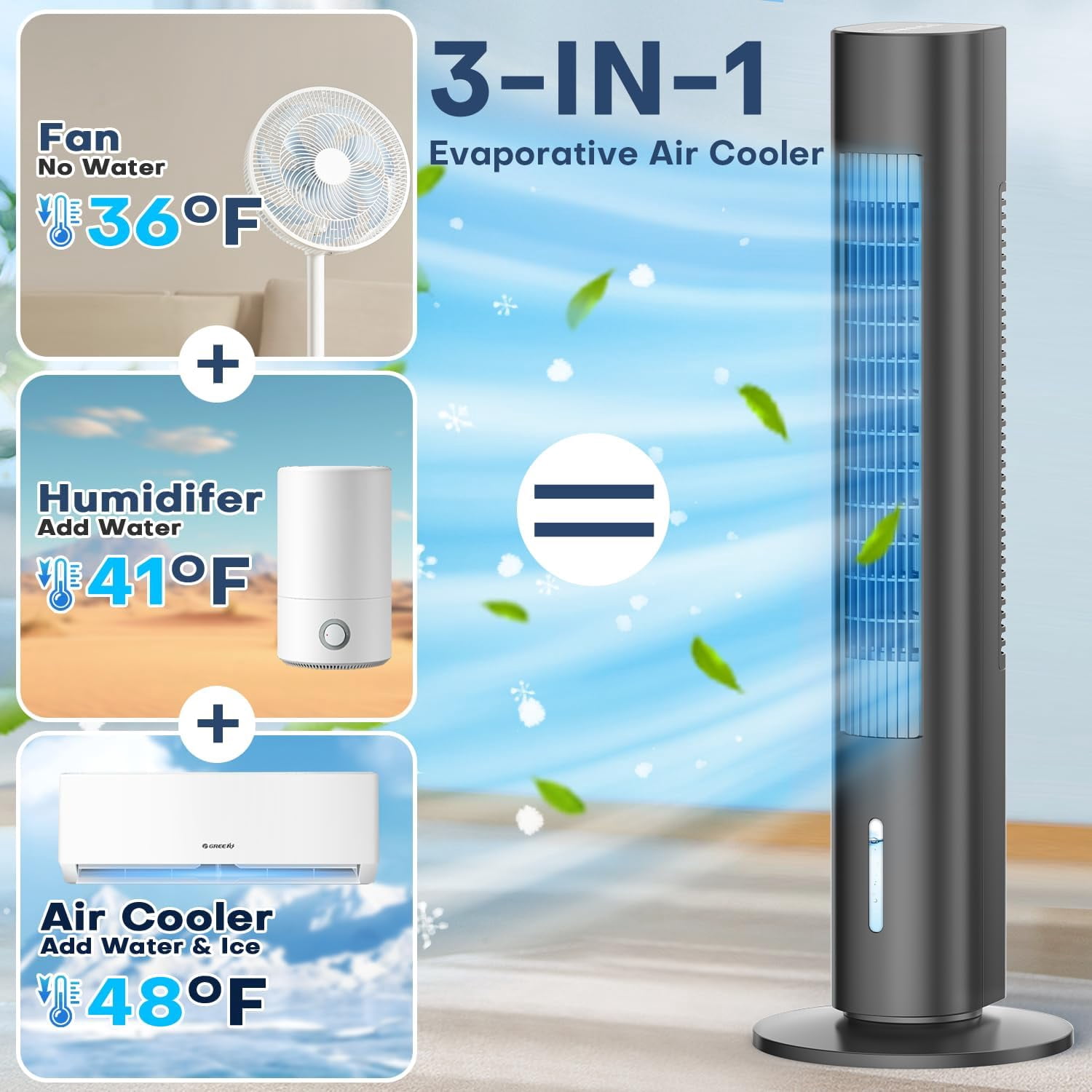 35" Evaporative Cooler, Swamp Cooler w/4 Ice Packs, 3 Speeds, 25ft Remote & 7H Timer, 90°Oscillating, Windowless Portable Air Conditioner for Bedroom Indoor, Black
