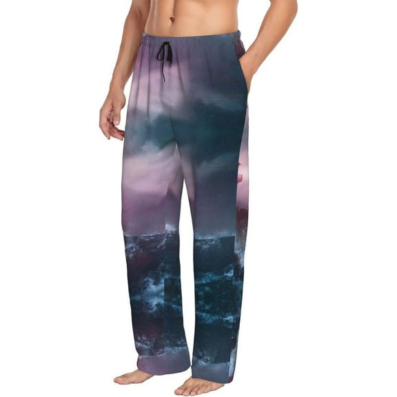 Mens Pajama Pants Bottoms with Pockets - lighthouse Waves Torrential Rain Comfy Mens Pj Pants, Soft Men Lounge Pants