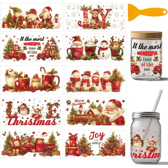 10 Sheets Christmas Theme UV DTF Cup Wrap 16OZ Glass Santa Dwarf Deer Snowman Truck Gift Boxs Rub on Decals PVC Transfer Stickers