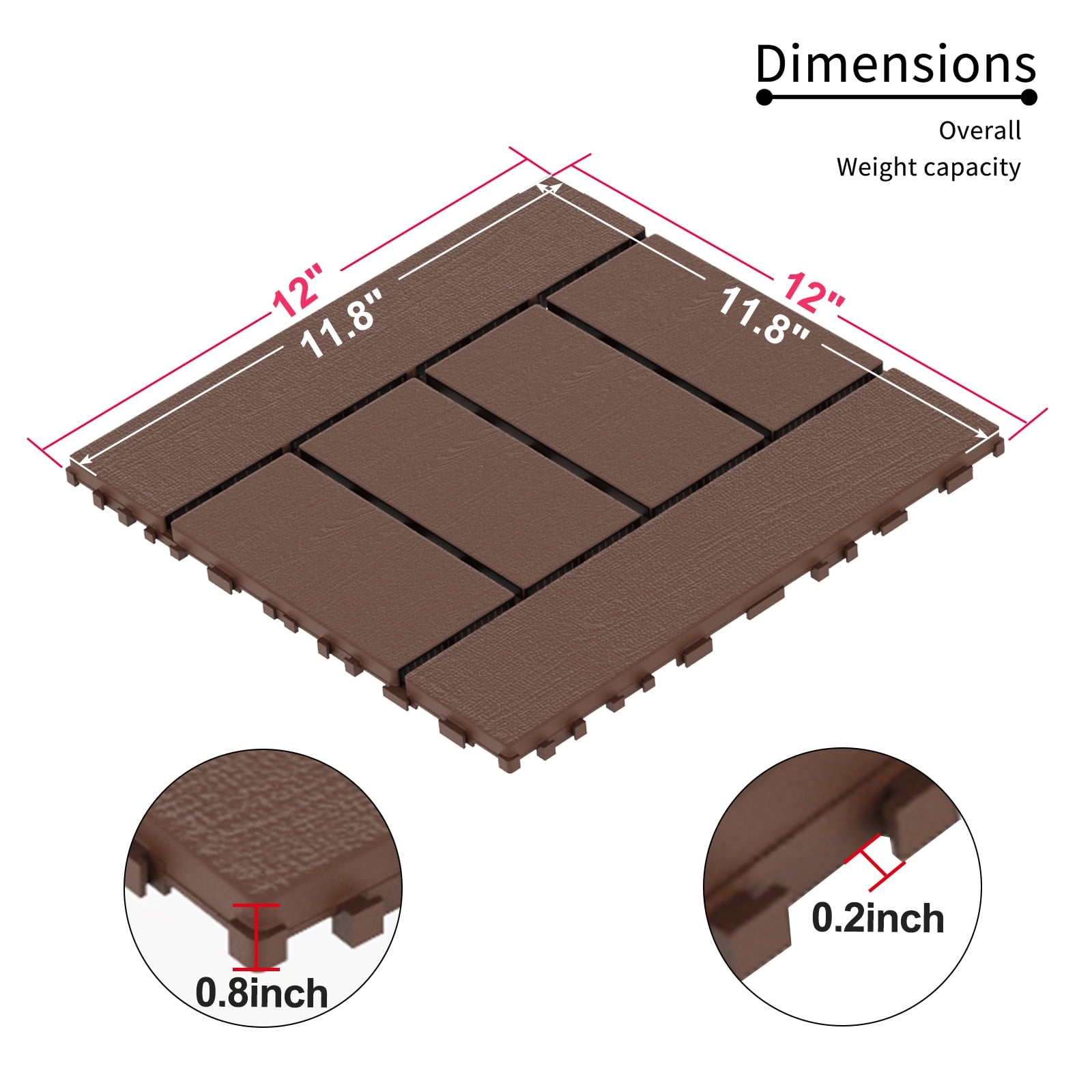 Patio Deck Tiles 12 Inch, H Style DIY Module Interlocking Decking Tiles for Porch Poolside, Red Brown
