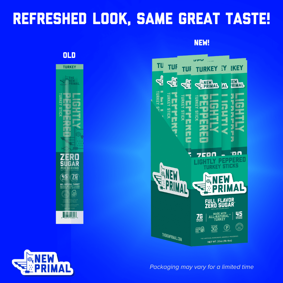 The New Primal Lightly Peppered Turkey Sticks, Keto, Gluten Free, High Protein, 20 Ct