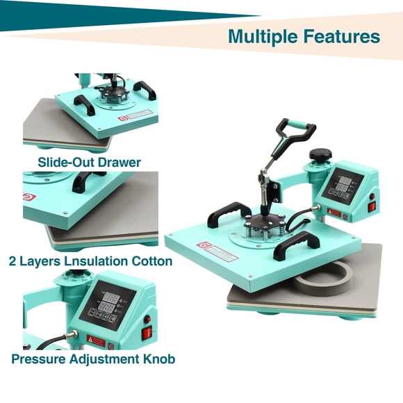 8-In-1 Heat Press Machine, 1400 W, 15''x15'', Small T Shirt Heat Press with Dual Tube Heating, 360° Swing Away, Profressional Digital Heat Transfer Machine for Mugs, Plates