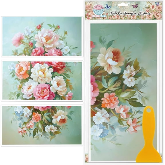 3 Sheets Colorful Oil Painting Flower Rub on Transfers 6x12inch Peony Flower Furniture Decor Transfers Vintage Floral Transfers Stickers for Bedroom Living Room Desk Table Decoration Colorful