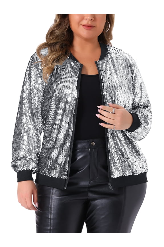 Women's Plus Size Metallic Jacket Sparkle Party Sequin Bomber Jackets 3X Silver