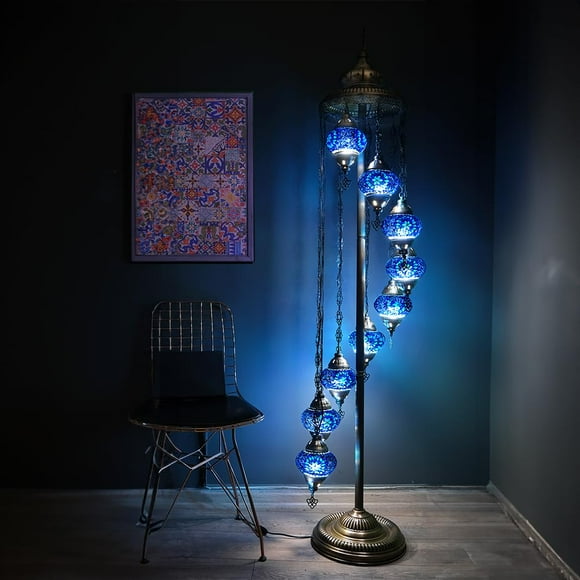 Asylove Turkish Lamp 9 Globe Mosaic Floor Lamp Mosaic Standing Lamp 9 Globe Mosaic Moroccan Lamps Floor Lamp For Decorative Home Designs Offer 5 Inch Globe - Total Height 70 Inch (Blue)