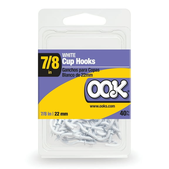 OOK White Vinyl Cup Hooks, 7/8", Screw-in Cup Hooks, 40 Pieces