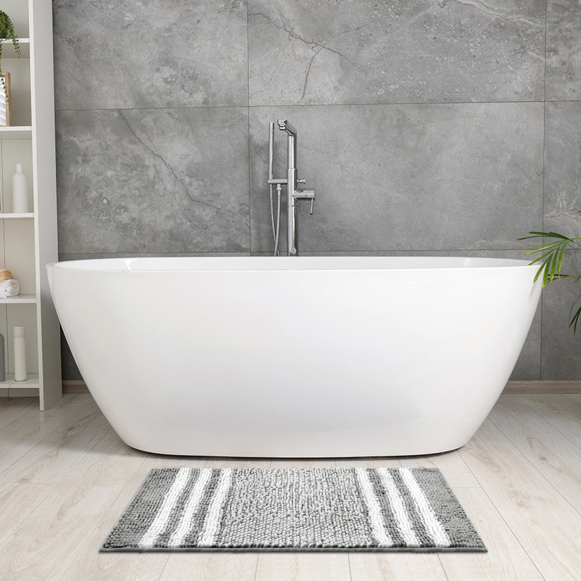 Unique Bargains Striped Chenille Bathroom Rug with Edges Non-Slip Bathroom Floor Mat Dark Gray 16" x 24"