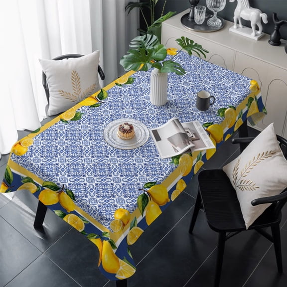 Blue Yellow Lemon Table Cloth Waterproof Tablecloths, Summer Country Fruits Italian Style Tablecloth Dining Table Cover for Kitchen Party Tabletop Outdoor, Rectangle Tablecloth 60x120 Inch
