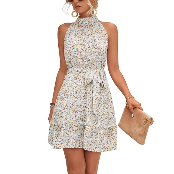 Women Summer Halter Neck Dresses Sleeveless Casual Floral Short Dresses Boho Ruffle Sundress