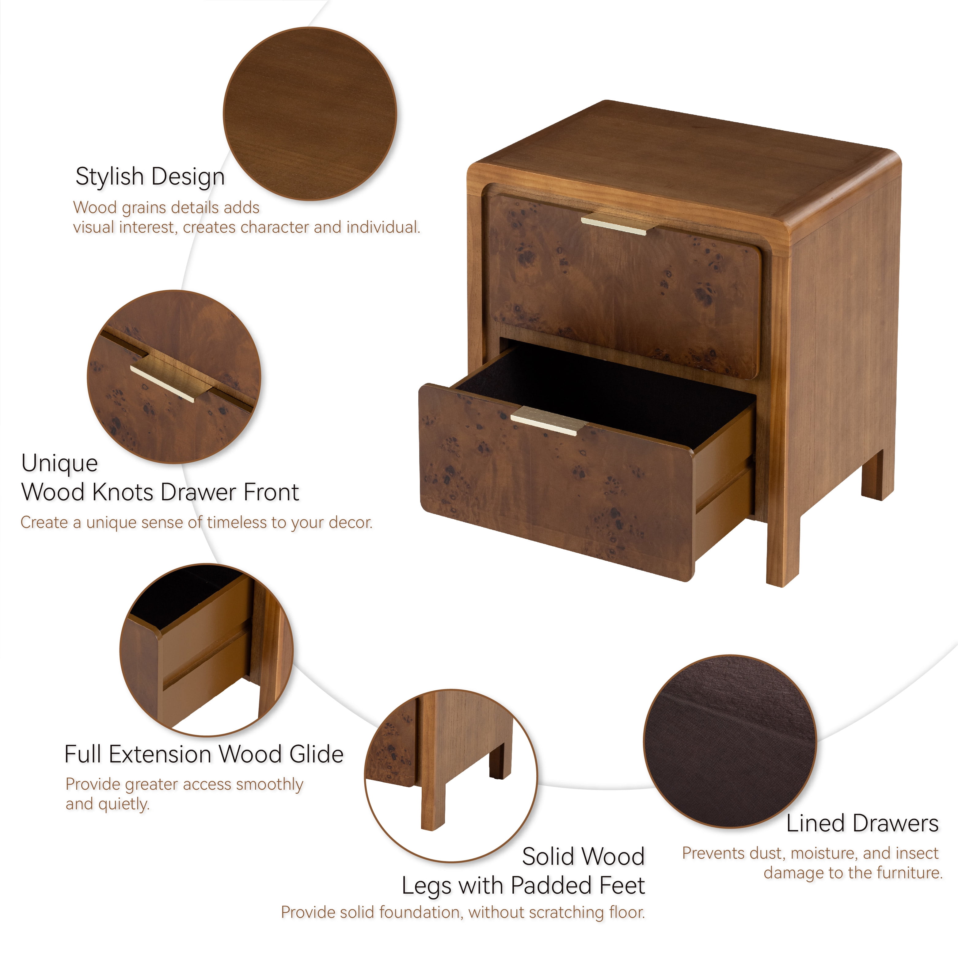 COZAYH Farmhouse Nightstand with 2 Drawer, Distressed Wood Rustic Accent Bedside Table, Burl Finish Side Table for Bedroom, Entryway, Fully Assembled, Brown
