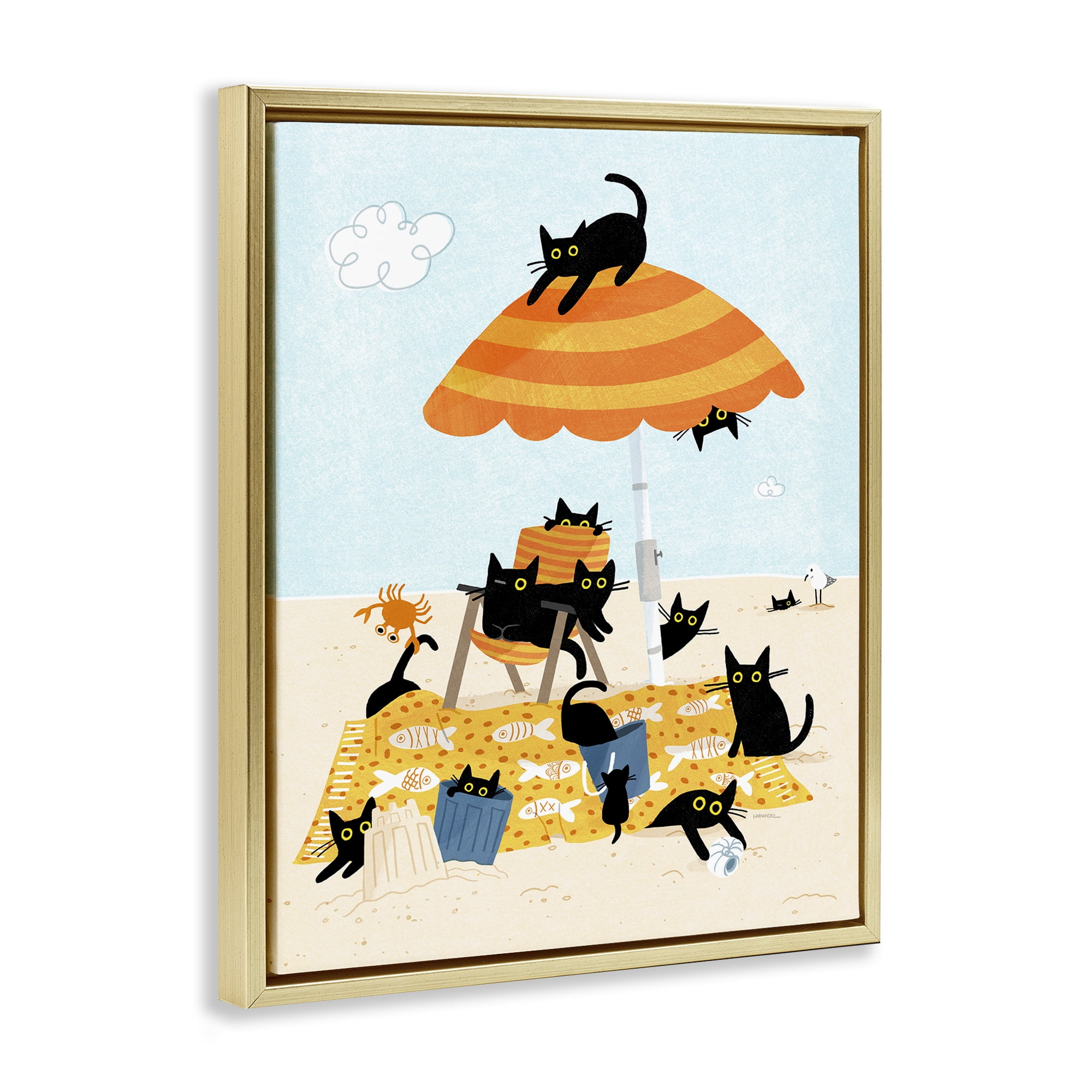 Stupell Industries Black Cat Beach Day Animals Painting Gold Floater Framed Canvas Art Print Wall Art, 17 x 21
