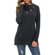 OMSJ Women Button Tops Cowl Neck Long Sleeve Pullover Sweatshirt